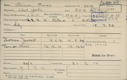 9th West Yorkshire Regiment - Company Sergeant-Major Killed in Action Gallipoli 1915 - Memorial Plaque