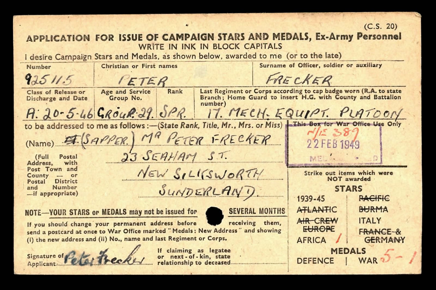 17th Mechanical Equipment Platoon Royal Engineers WW2 Medal Group Sunderland