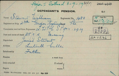 Gordon Highlanders - Killed in Action Battle of Loos Sept 1915 - WW1 Medal Trio - From Cullen, Banffshire