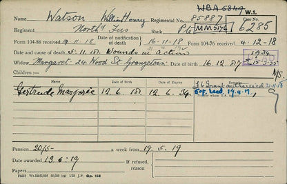 Northumberland Fusiliers - Died of Wounds 5th Nov 1918 France - WW1 Medal Pair - From Grangetown