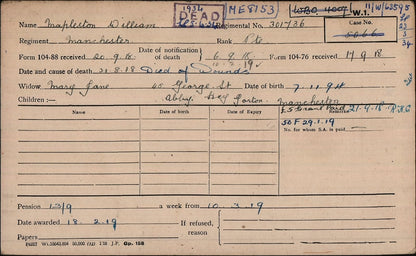 8th Bn. Manchester Regiment - Died of Wounds 1918 - WW1 Victory Medal - From Manchester