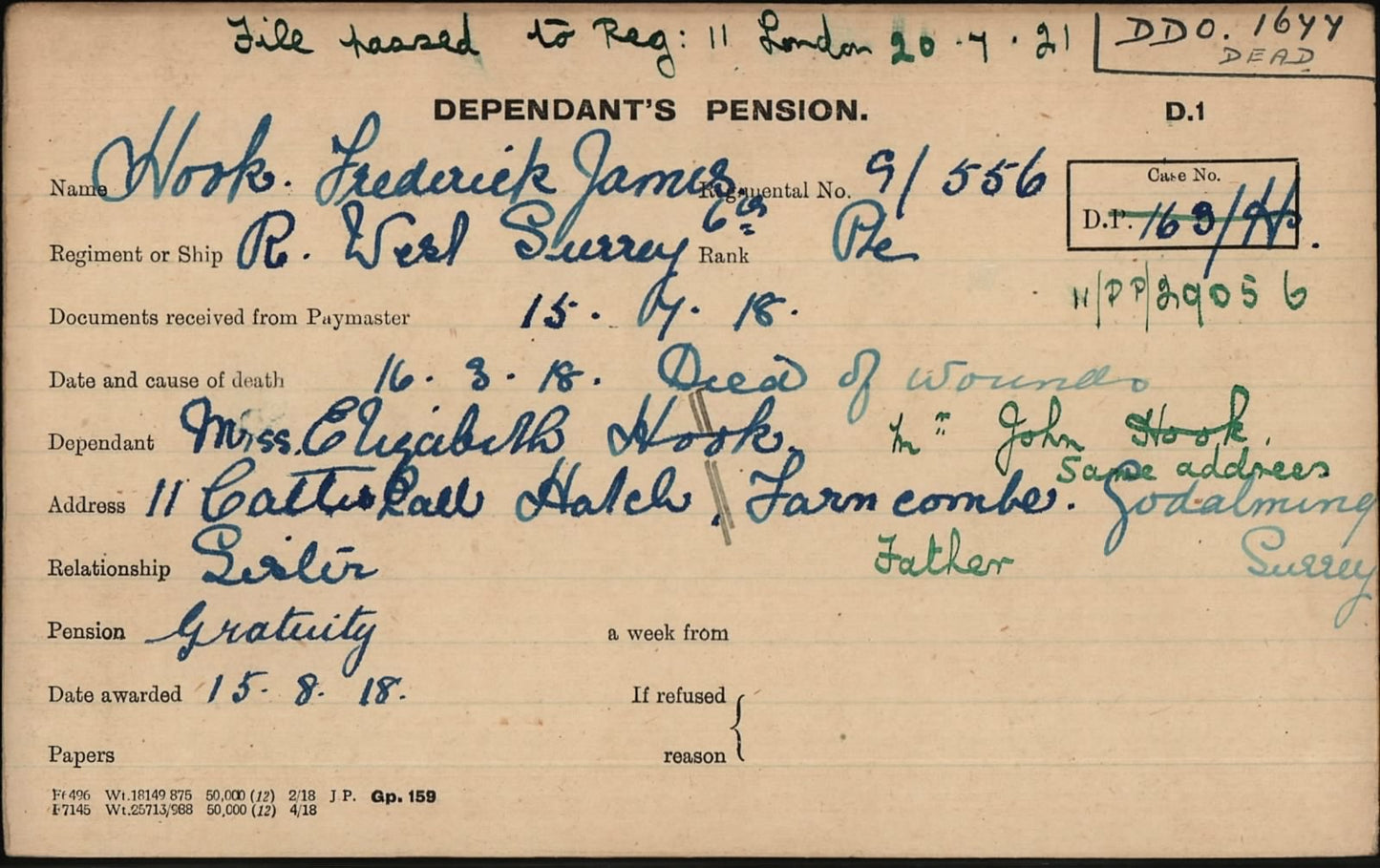 Queen's Royal West Surrey Regiment - Died of Wounds 1918 - WW1 Medal Trio & Memorial Plaque - From Godalming, Surrey