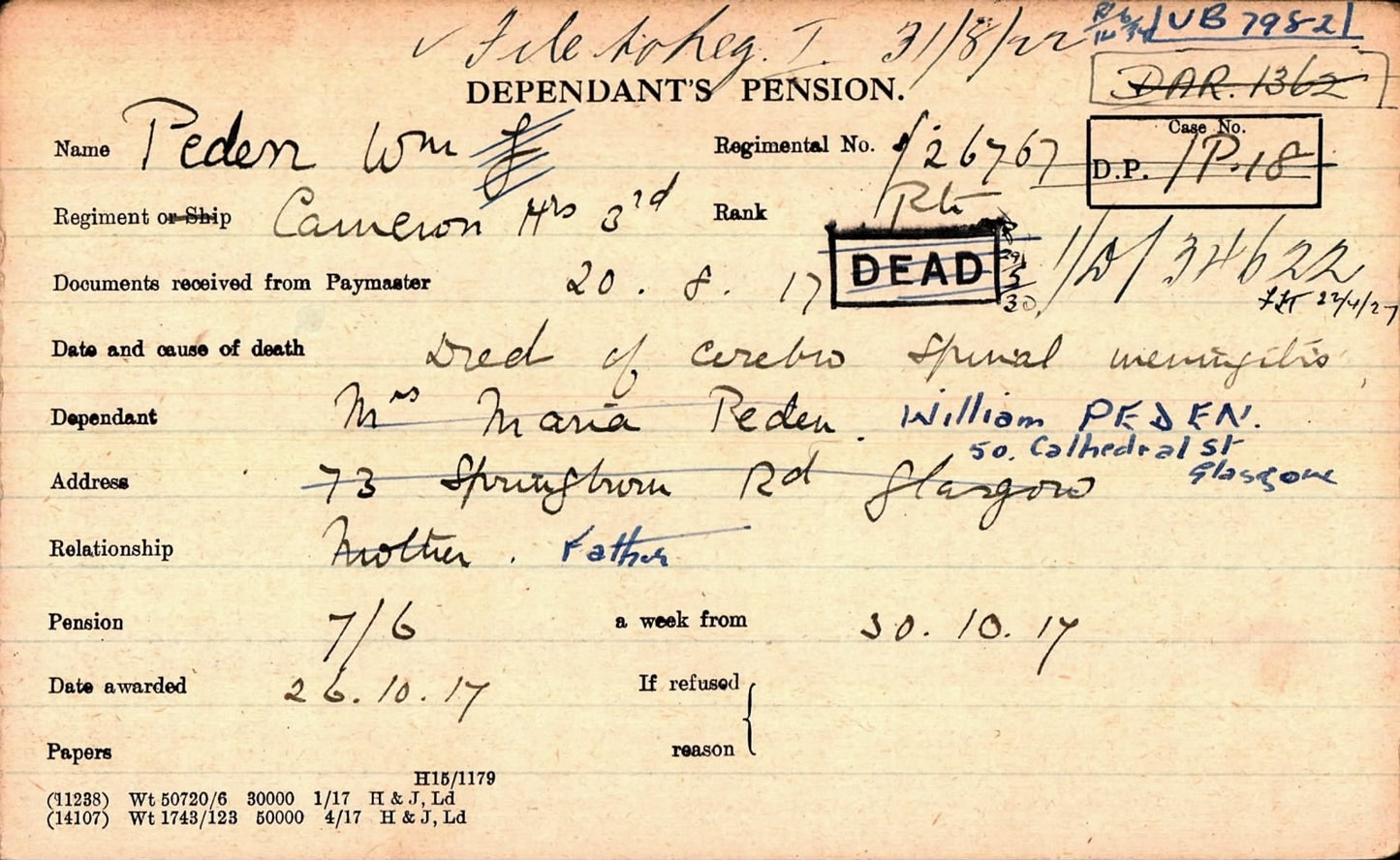 Cameron Highlanders Died 1917 British War Medal WW1 Glasgow University Lovat Scouts