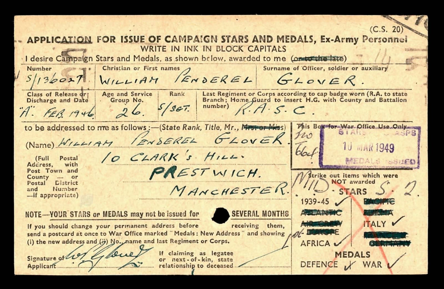 Mentioned in Despatched MID WW2 Medal Group North Africa Royal Army Service Corps RASC from Manchester