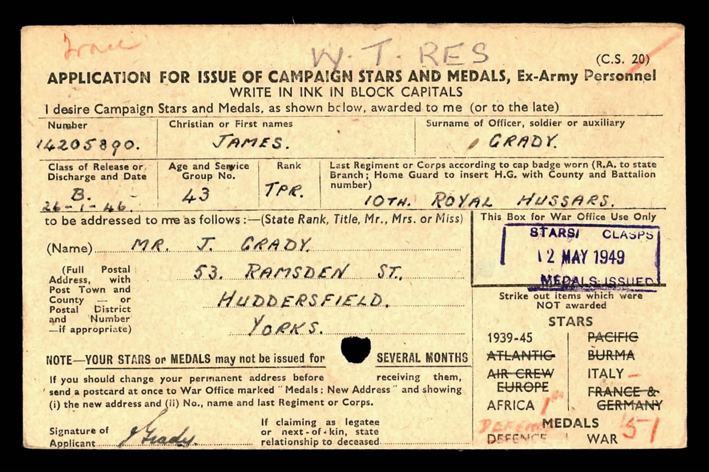 10th Royal Hussars (Prince of Wales’s Own) WW2 Medal Group Trooper Huddersfield