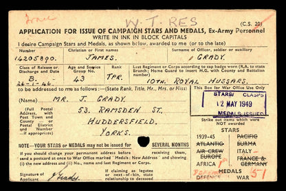 10th Royal Hussars (Prince of Wales’s Own) WW2 Medal Group Trooper Huddersfield