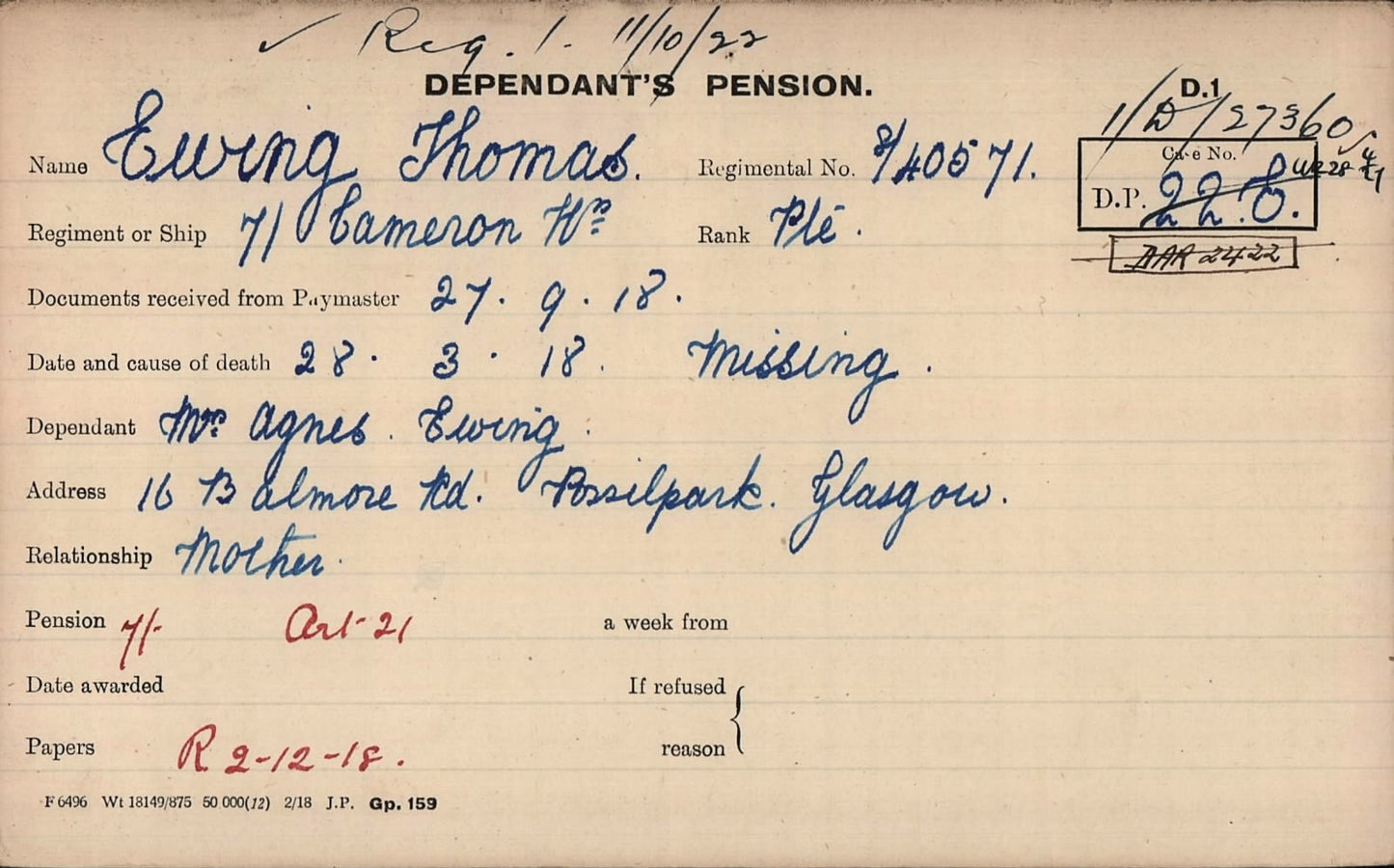 7th Cameron Highlanders KIA March 1918 WW1 Victory Medal from Glasgow