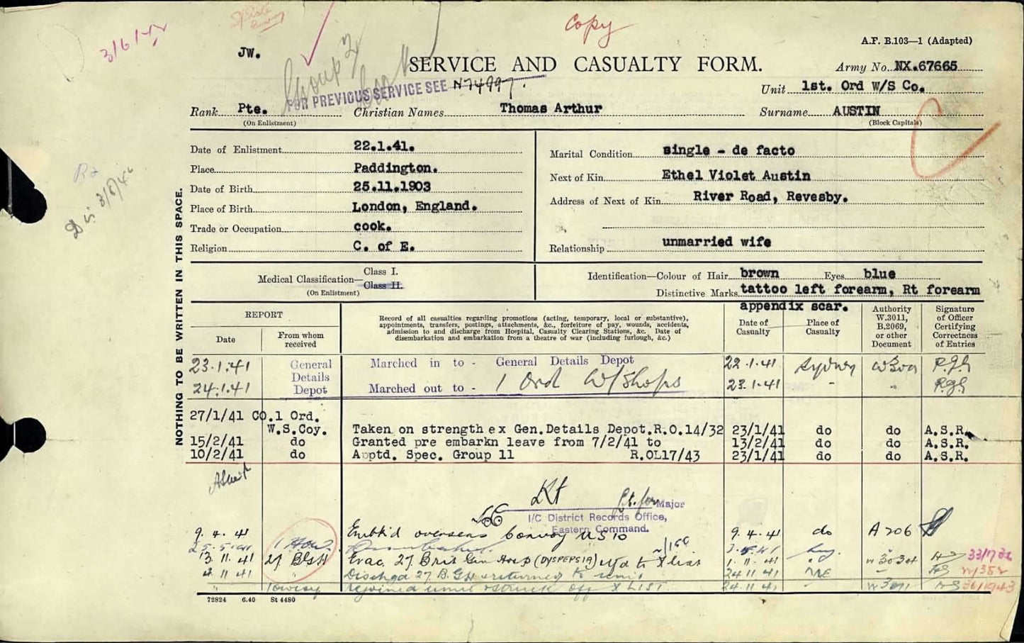 WW2 Australia Service Medal 1939–45 1 Ordnance Workshop Company Africa India