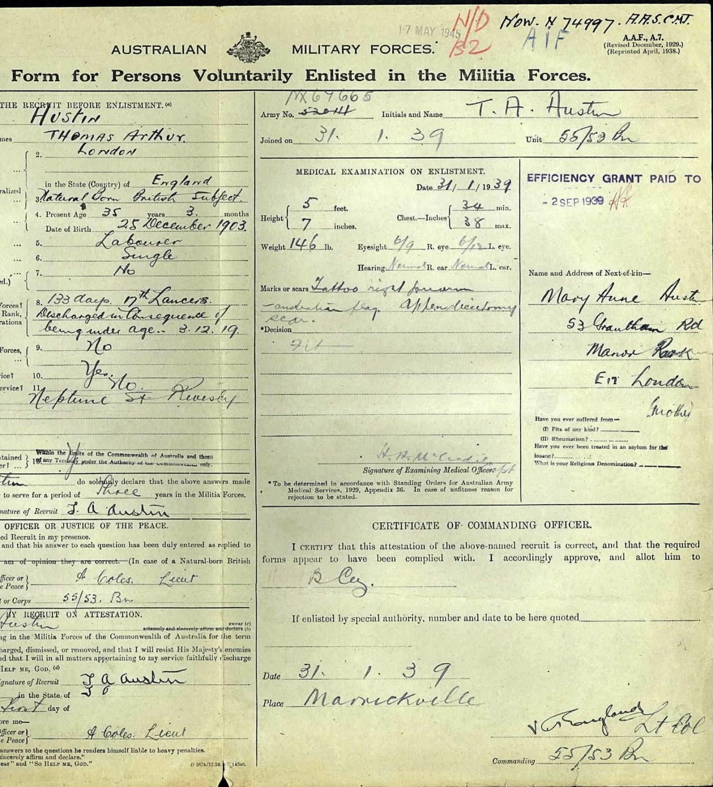 WW2 Australia Service Medal 1939–45 1 Ordnance Workshop Company Africa India