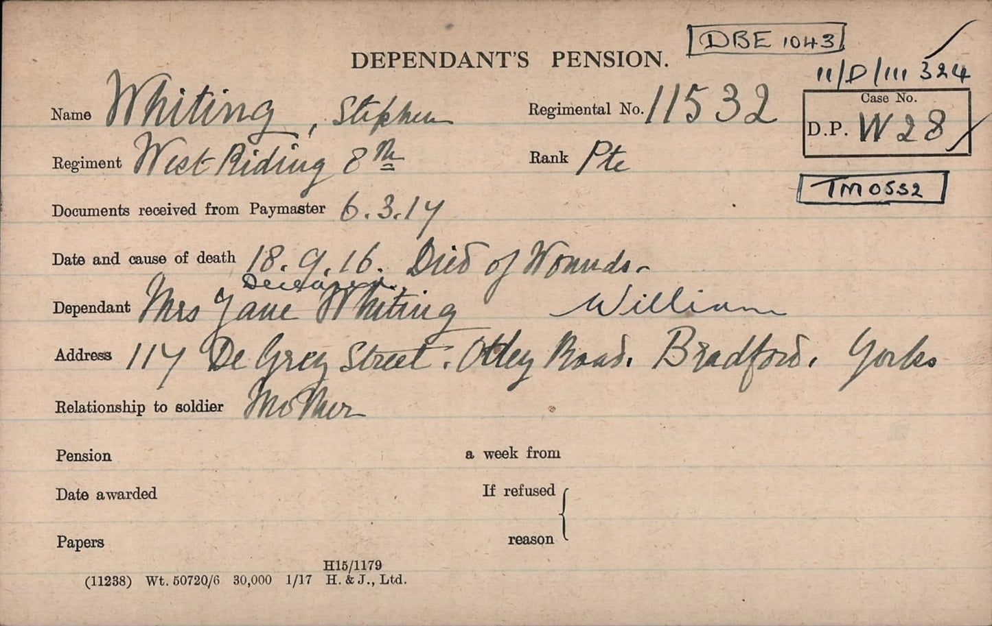 8th Bn. West Riding Regiment - Died of Wounds Somme 1916 - WW1 Medal Trio & Plaque - Bradford