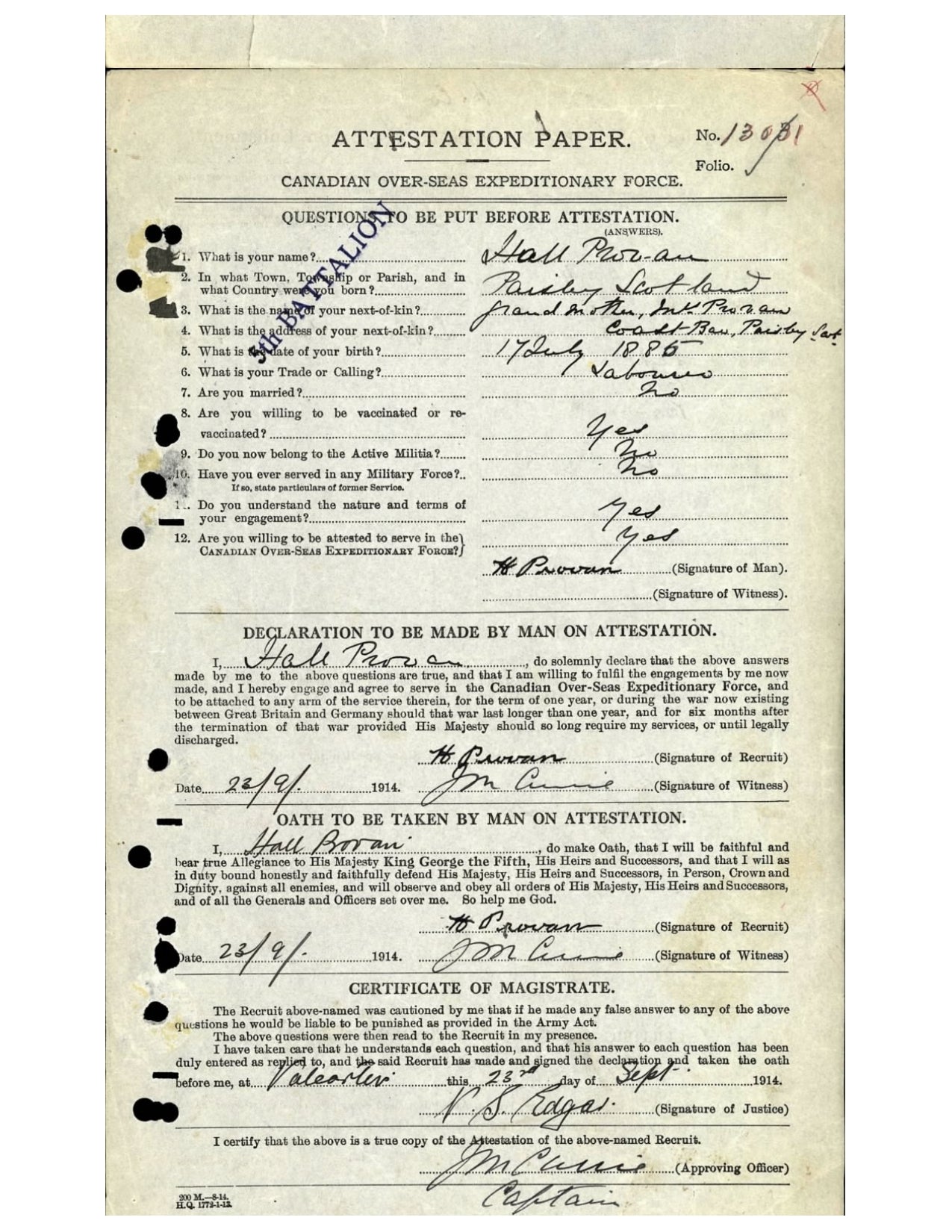 5th Canadian Infantry KIA by Sniper 1915 British War Medal WW1 Paisley Scotland