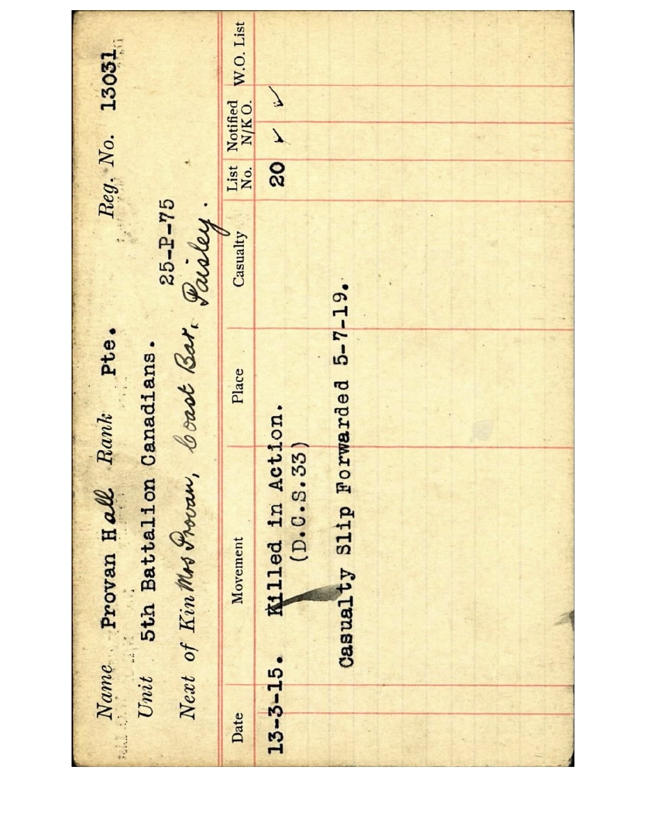 5th Canadian Infantry KIA by Sniper 1915 British War Medal WW1 Paisley Scotland