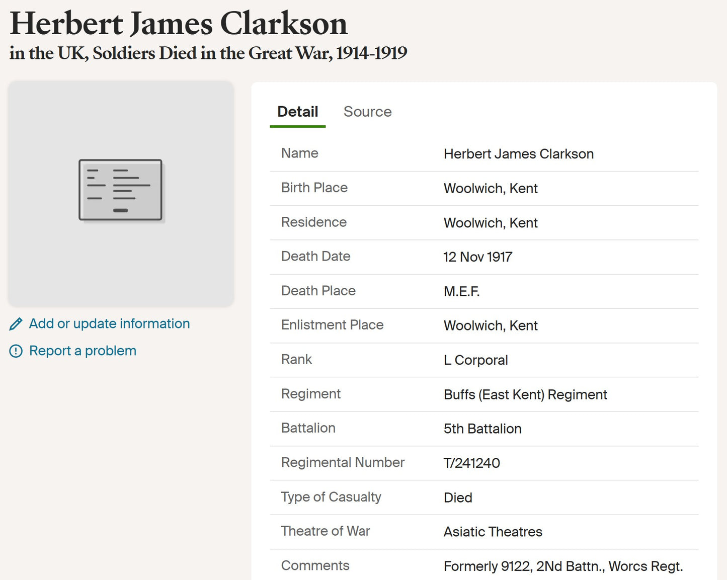 5th Bn. The Buffs (East Kent Regiment) - Died Iraq 1917 - Memorial Plaque - From Woolwich, London