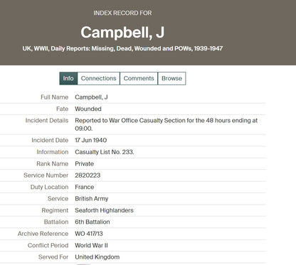 6th Bn. Seaforth Highlanders, Later 71st Anti-Tank Regiment Royal Artillery - Wounded in Action BEF France 1940 - WW2 Medal Group