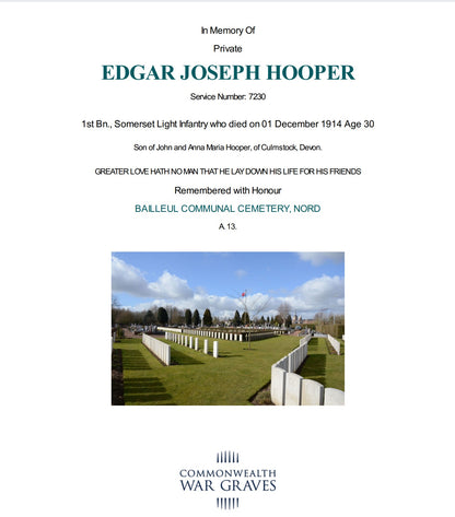 1st Bn. Somerset Light Infantry - Died of Wounds 1914 - WW1 Mons Star Medal Trio - From Culmstock Devon