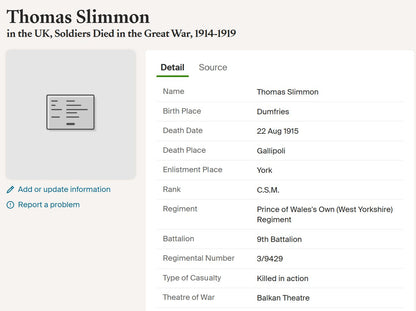 9th West Yorkshire Regiment - Company Sergeant-Major Killed in Action Gallipoli 1915 - Memorial Plaque