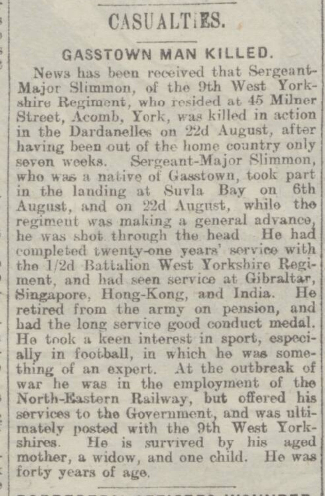 9th West Yorkshire Regiment - Company Sergeant-Major Killed in Action Gallipoli 1915 - Memorial Plaque