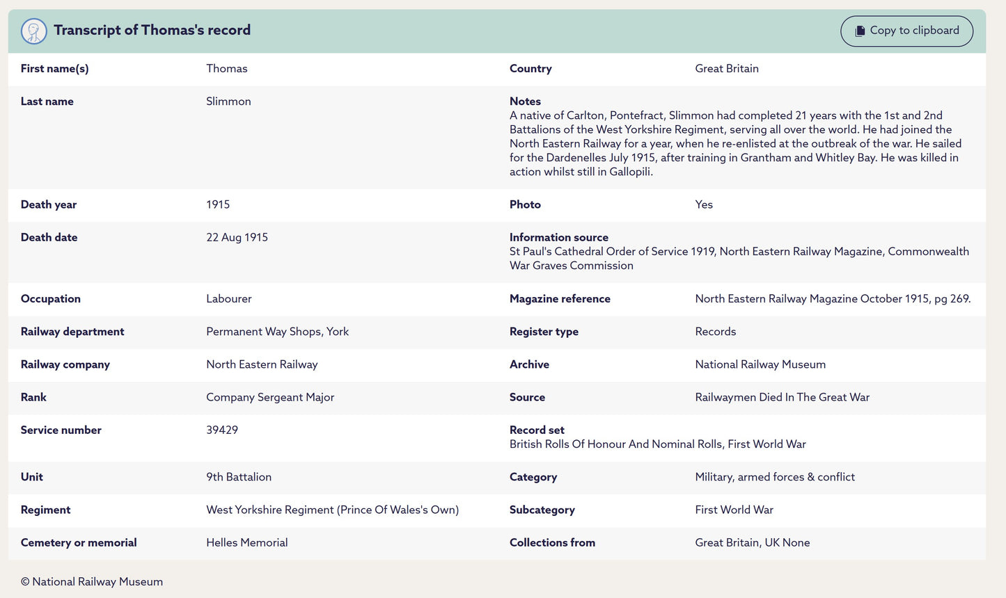 9th West Yorkshire Regiment - Company Sergeant-Major Killed in Action Gallipoli 1915 - Memorial Plaque