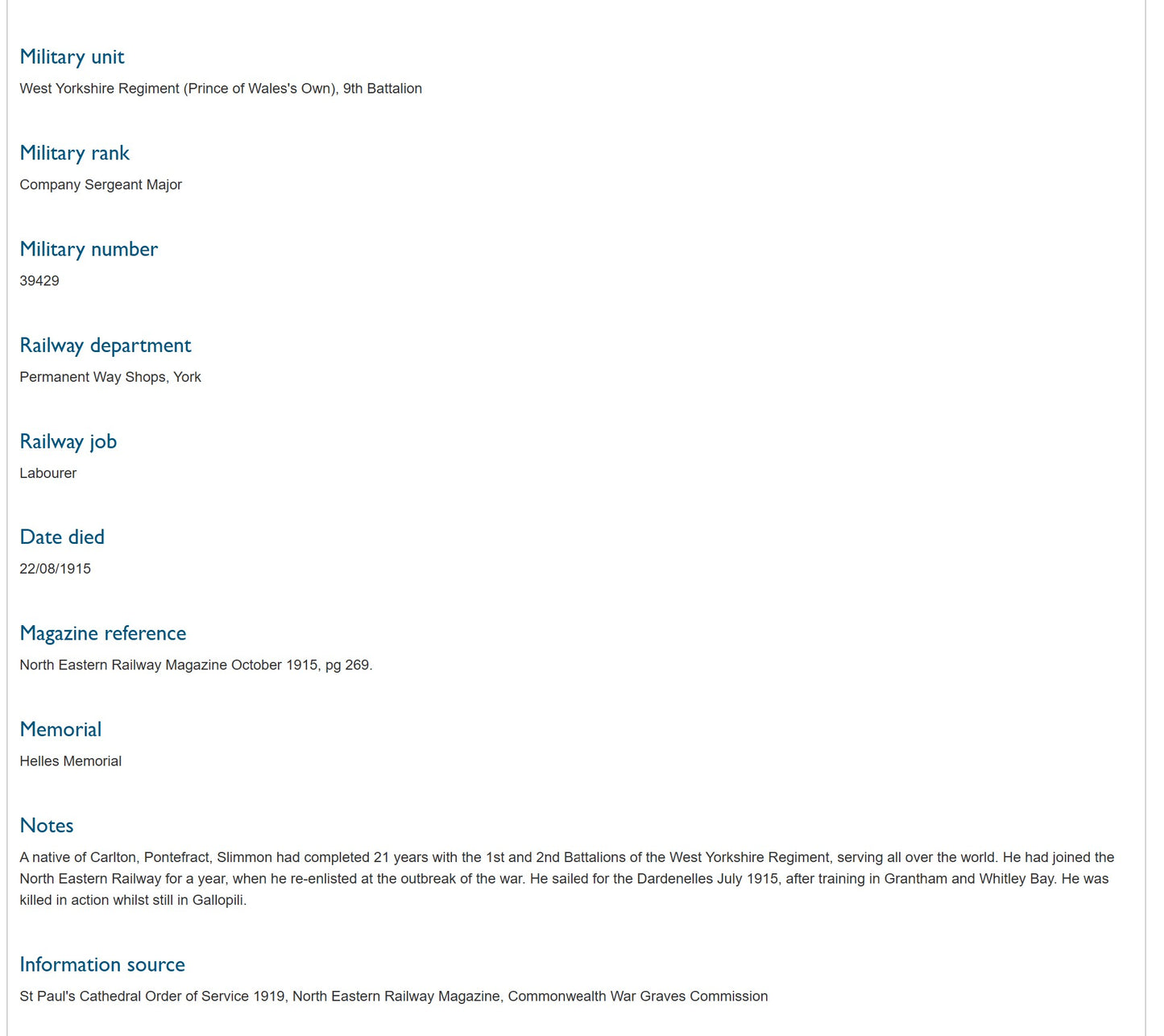 9th West Yorkshire Regiment - Company Sergeant-Major Killed in Action Gallipoli 1915 - Memorial Plaque