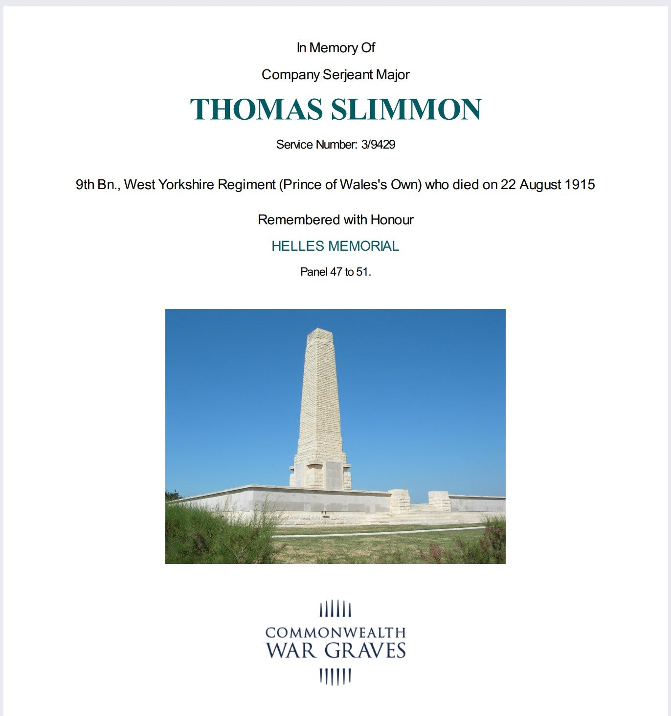 9th West Yorkshire Regiment - Company Sergeant-Major Killed in Action Gallipoli 1915 - Memorial Plaque