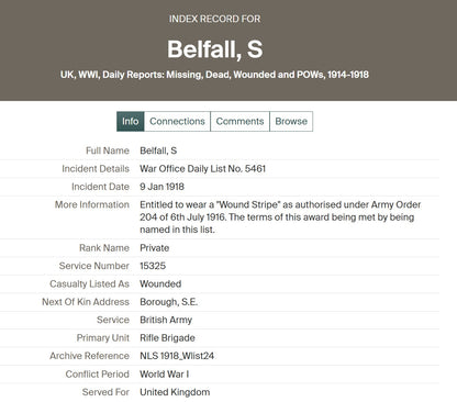 Rifle Brigade - Prisoner of War POW 1918 - British War Medal - From Southwark, London