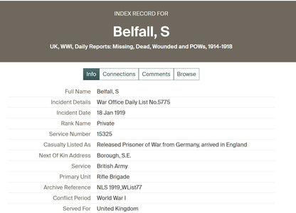 Rifle Brigade - Prisoner of War POW 1918 - British War Medal - From Southwark, London