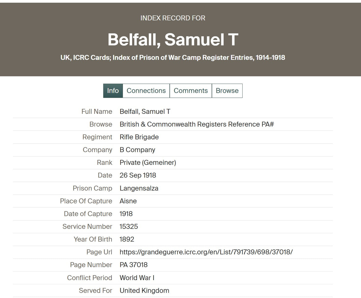 Rifle Brigade - Prisoner of War POW 1918 - British War Medal - From Southwark, London