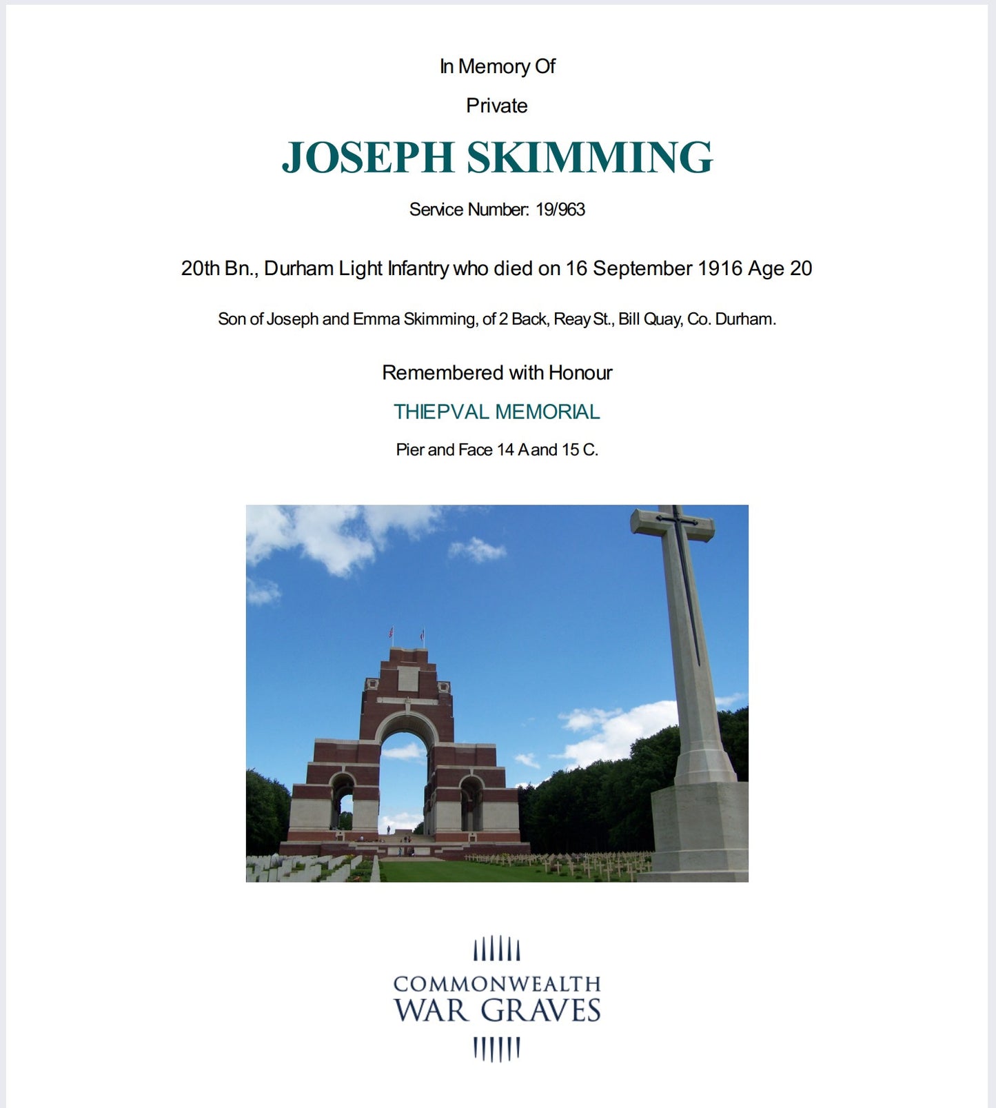 19th Bantams 20th Wearside Durham Light Infantry - Killed in Action Somme 1916 - Memorial Plaque