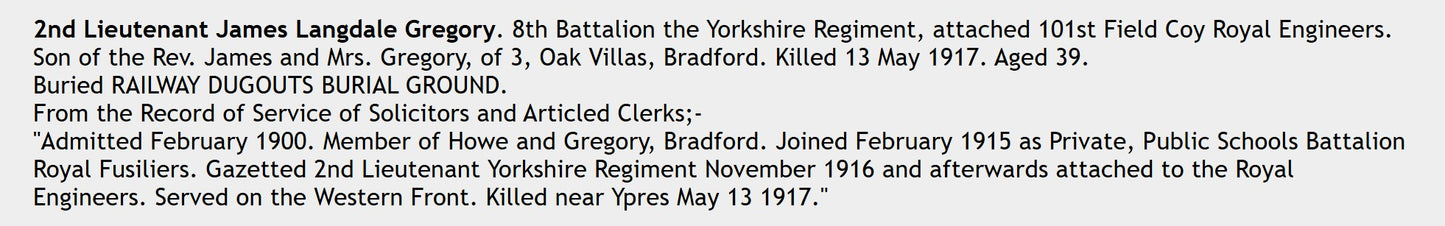 Yorkshire Regiment Officer - Killed in Action Ypres 1917 - Attd RE - WW1 Victory Medal - From Bradford