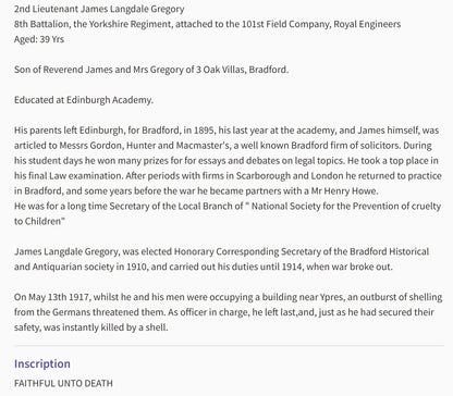 Yorkshire Regiment Officer - Killed in Action Ypres 1917 - Attd RE - WW1 Victory Medal - From Bradford