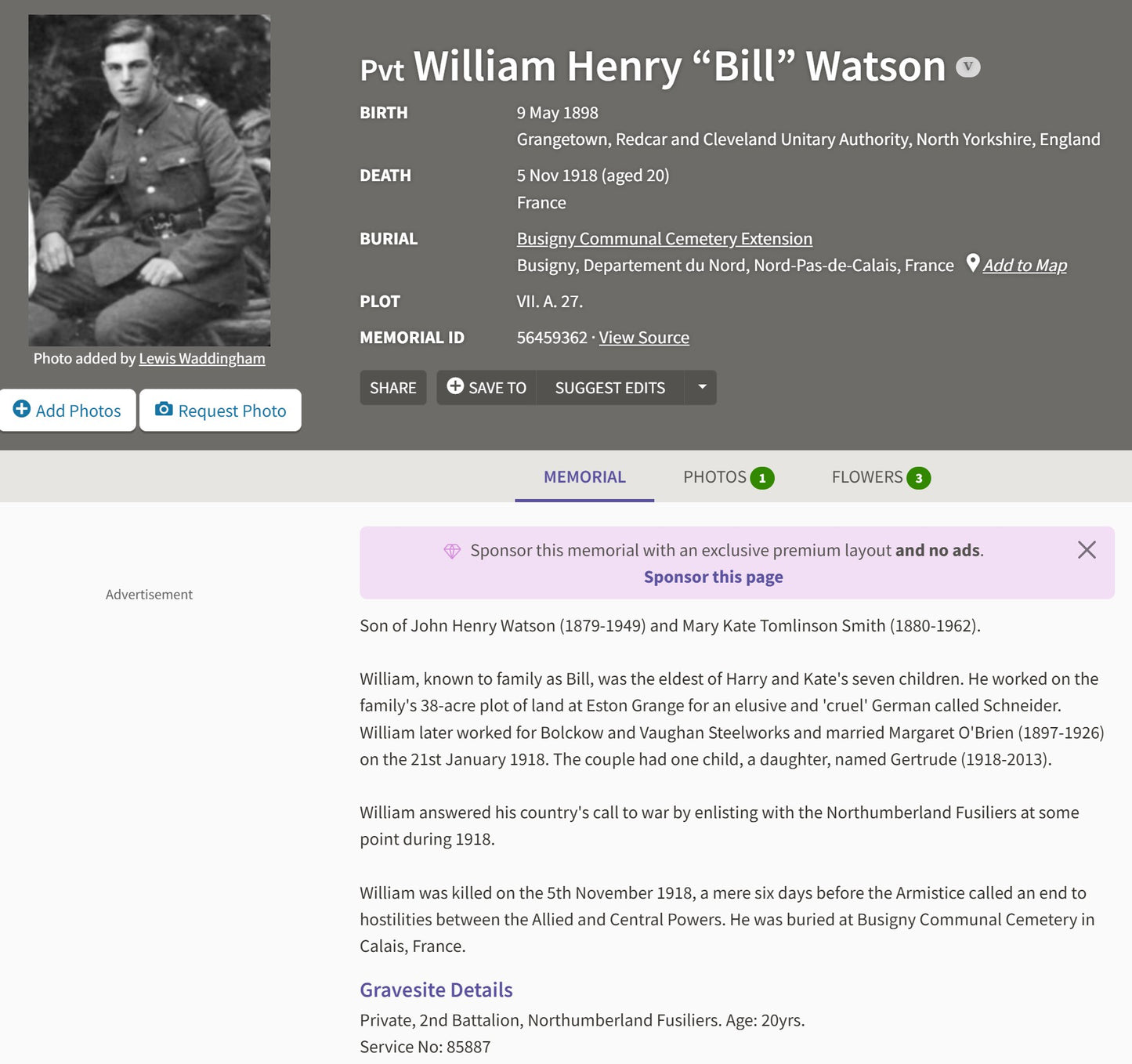 Northumberland Fusiliers - Died of Wounds 5th Nov 1918 France - WW1 Medal Pair - From Grangetown
