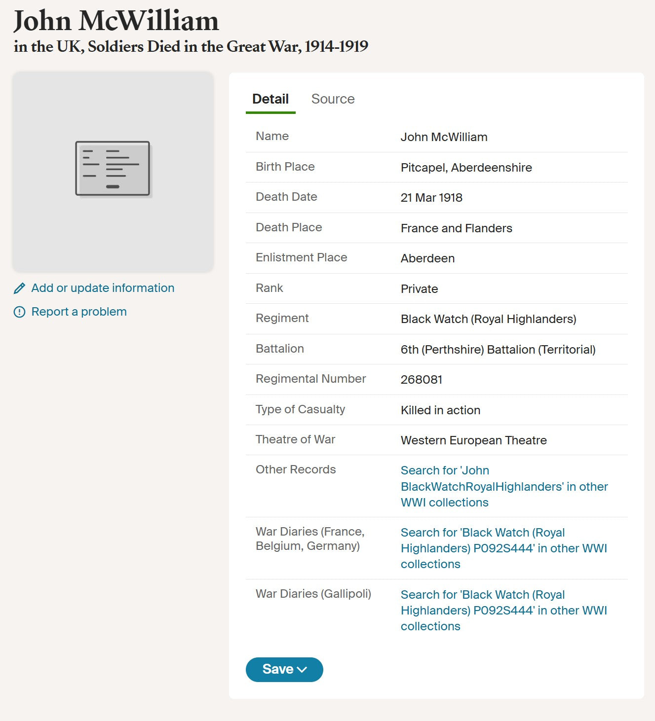 Black Watch (Royal Highlanders) - Killed in Action March 1918 - WW1 Medal Pair Memorial Plaque - From Pitcapel, Aberdeenshire