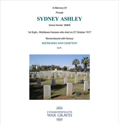 Middlesex Hussars - Killed in Action Battle of Buqqar Ridge 1917 Palestine VC Action - WW1 British War Medal - Chelsea