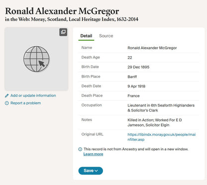 6th Bn. Seaforth Highlanders Officer - Killed in Action April 1918 - WW1 Memorial Plaque - From Elgin, Moray