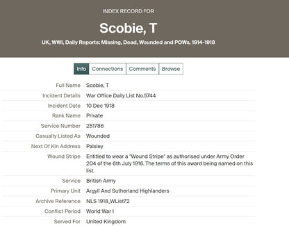 Argyll & Sutherland Highlanders - Wounded in Action 1918 - WW1 Medal Pair - From Paisley, later Toronto