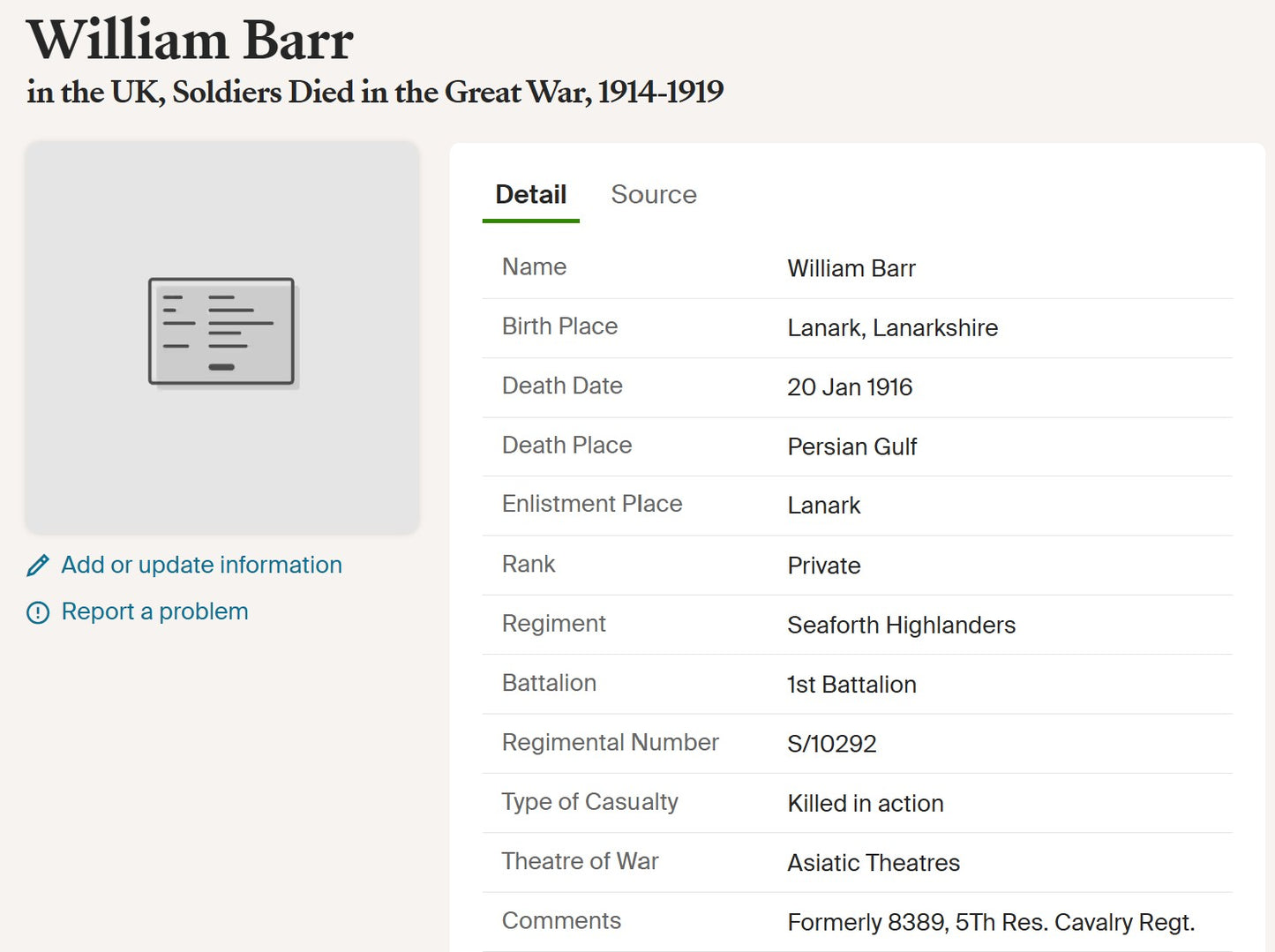 Seaforth Highlanders - Killed in Action Persian Gulf 1916 - WW1 Medal 1914-15 Star - From, Lanark