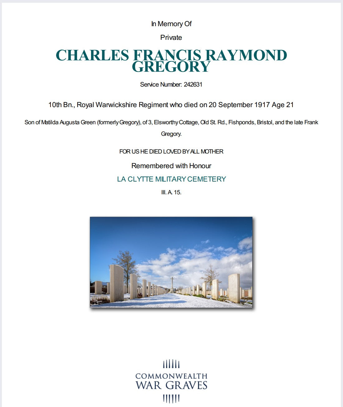 Royal Warwickshire Regiment - Died of Wounds 1917 - WW1 1914-15 Star Medal - 2/1st South Midland Divisional Cyclist Company