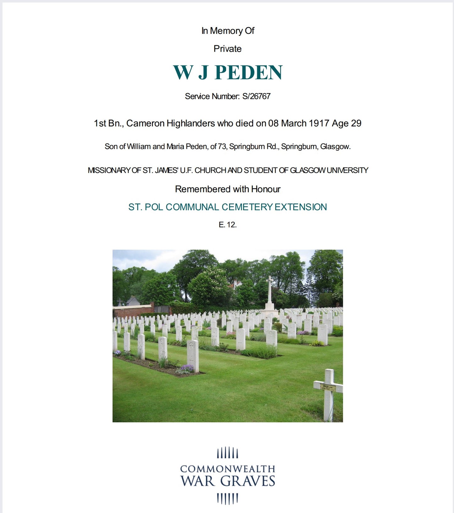 Cameron Highlanders Died 1917 British War Medal WW1 Glasgow University Lovat Scouts