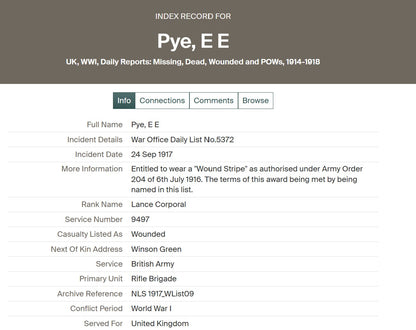 Rifle Brigade WIA 1917 British WW1 Medal Trio L/Cpl. Pye Birmingham