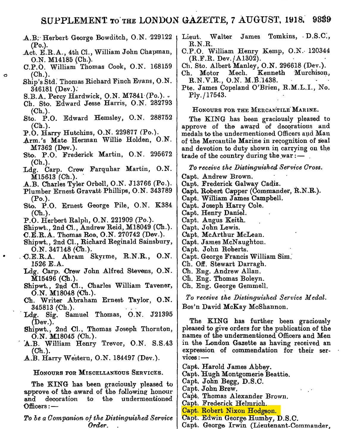 Mercantile Marine WW1 British Medal Pair CAPTAIN HODGSON Royal Commendation