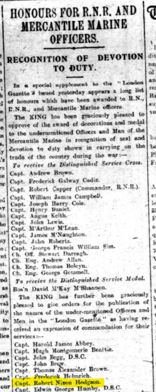 Mercantile Marine WW1 British Medal Pair CAPTAIN HODGSON Royal Commendation