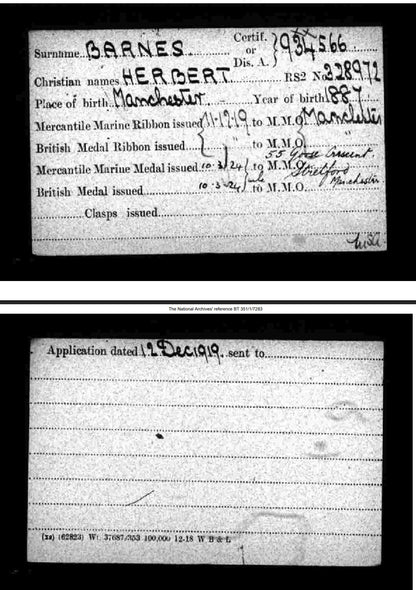 Mercantile Marine WW1 British Medal Pair Herbert BARNES From Manchester