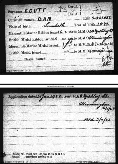 Mercantile Marine WW1 British Medal Pair Dan SCUTT Horseman Lambeth London