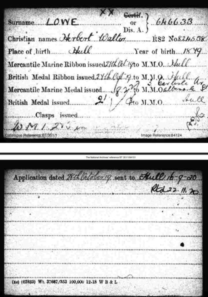 Mercantile Marine WW1 British Medal Pair Herbert LOWE Chief Steward From Hull