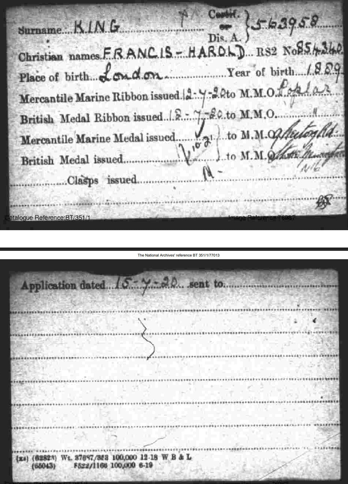 Mercantile Marine WW1 British Medal Pair Francis KING Chief Steward From London