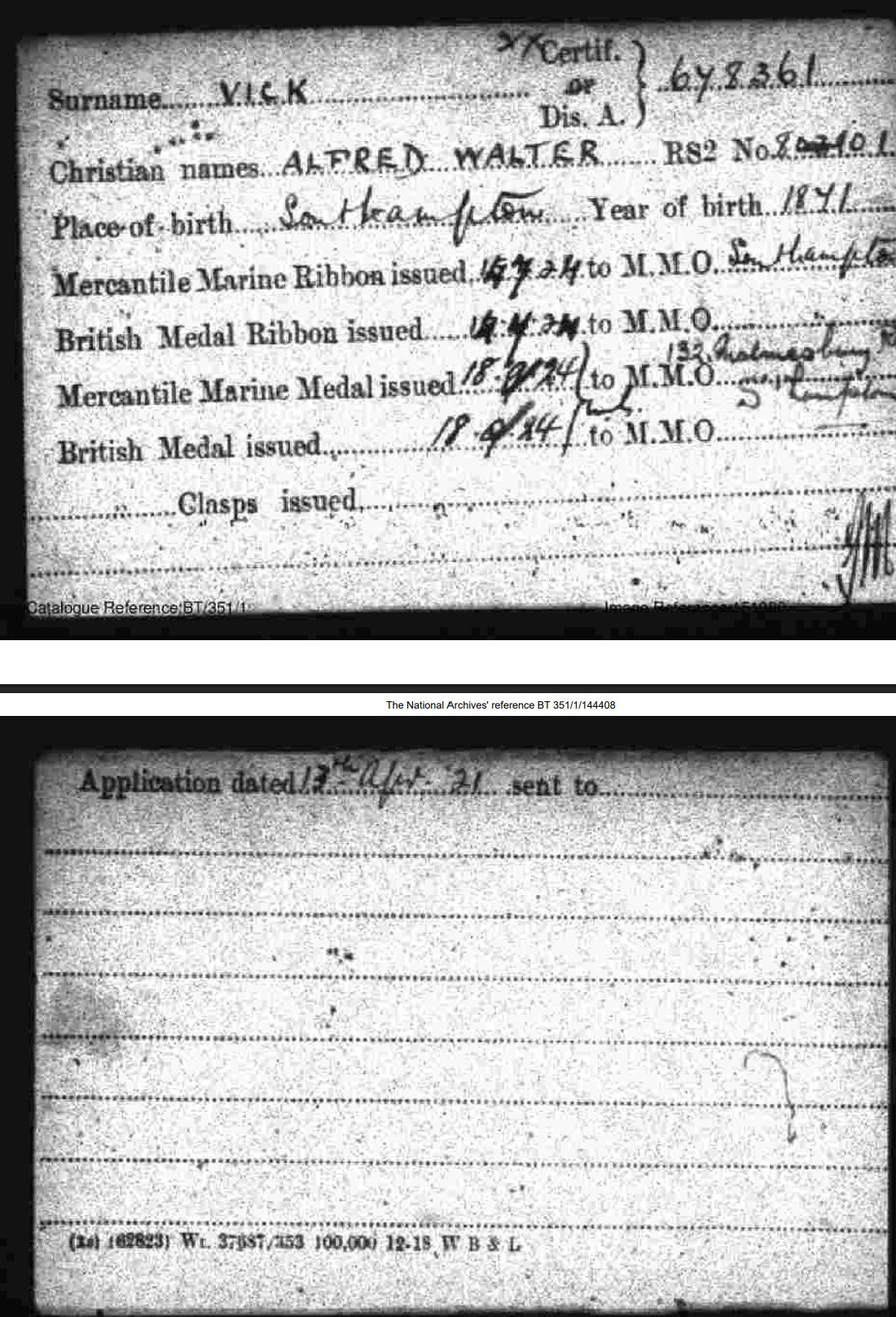 Mercantile Marine WW1 British Medal Pair VICK Chief Steward Southampton Jersey