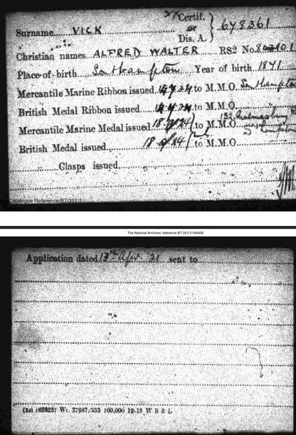 Mercantile Marine WW1 British Medal Pair VICK Chief Steward Southampton Jersey