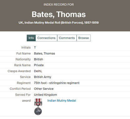 Indian Mutiny Medal 75th Stirlingshire Regiment DIED OF WOUNDS AT DELHI 1857