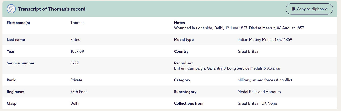 Indian Mutiny Medal 75th Stirlingshire Regiment DIED OF WOUNDS AT DELHI 1857