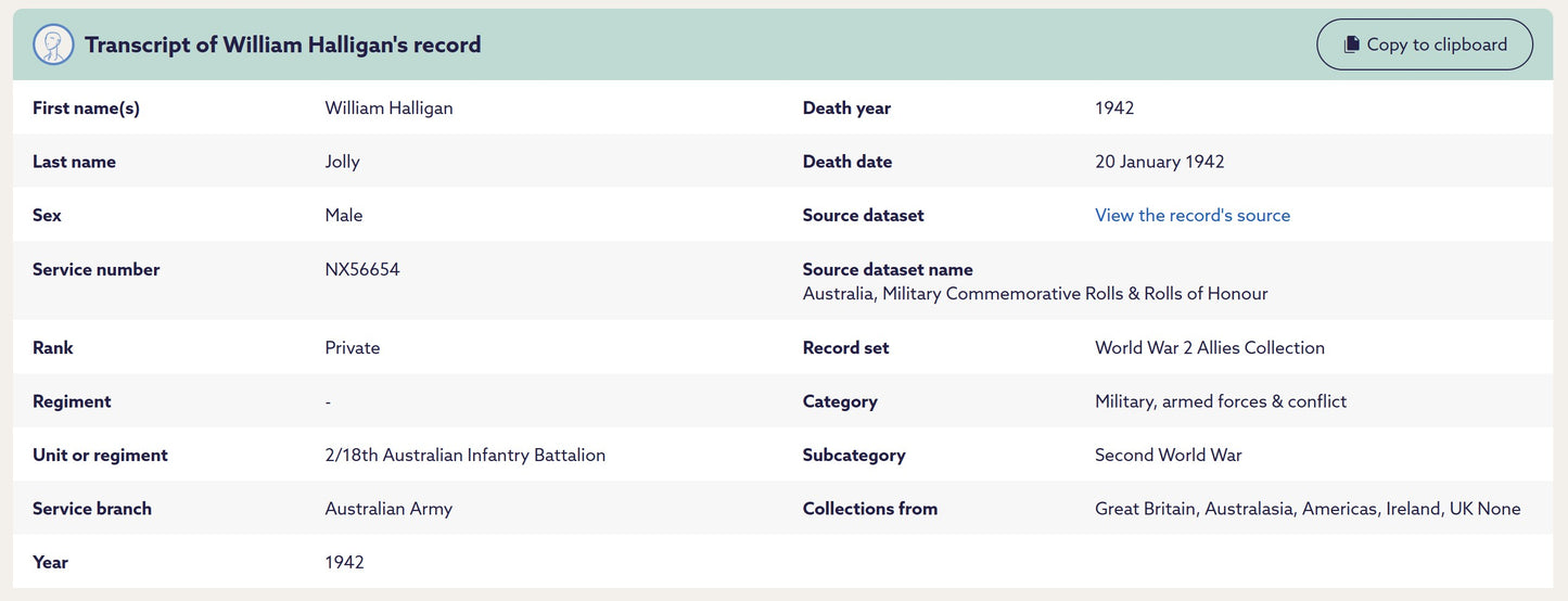 WW2 Australia Service Medal KIA Malaya/Singapore 1942 Pte. 2/18th Bn. From India